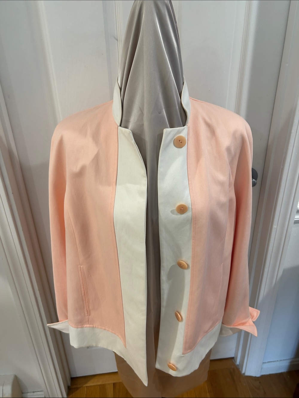 Women's Peach Collarless Blazer with Cream Trim